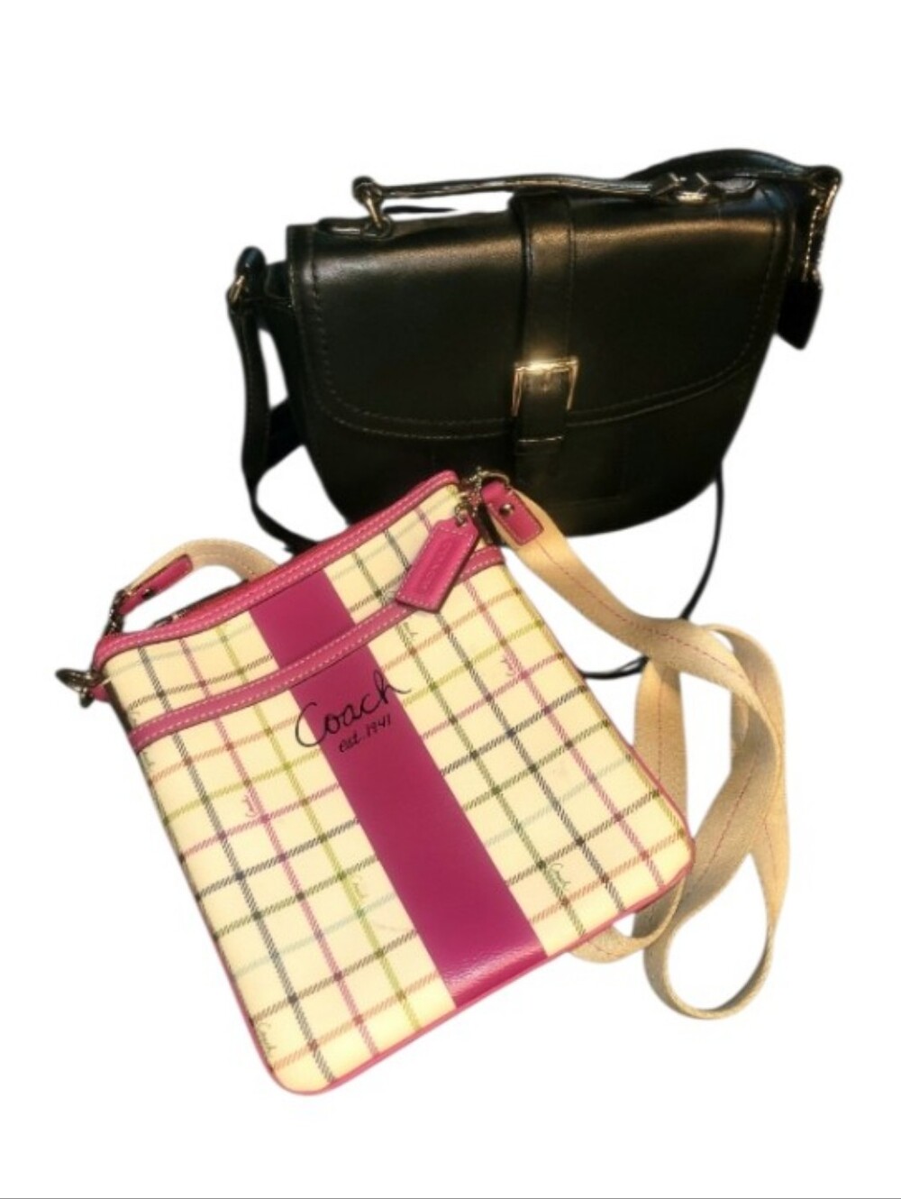 Coach Pink & Cream Plaid Crossbody & Coach Black Charlie Crossbody 2fer
